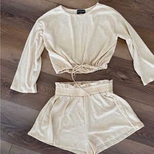 Kittenish Cream Textured Waffle-Knit Lounge Set